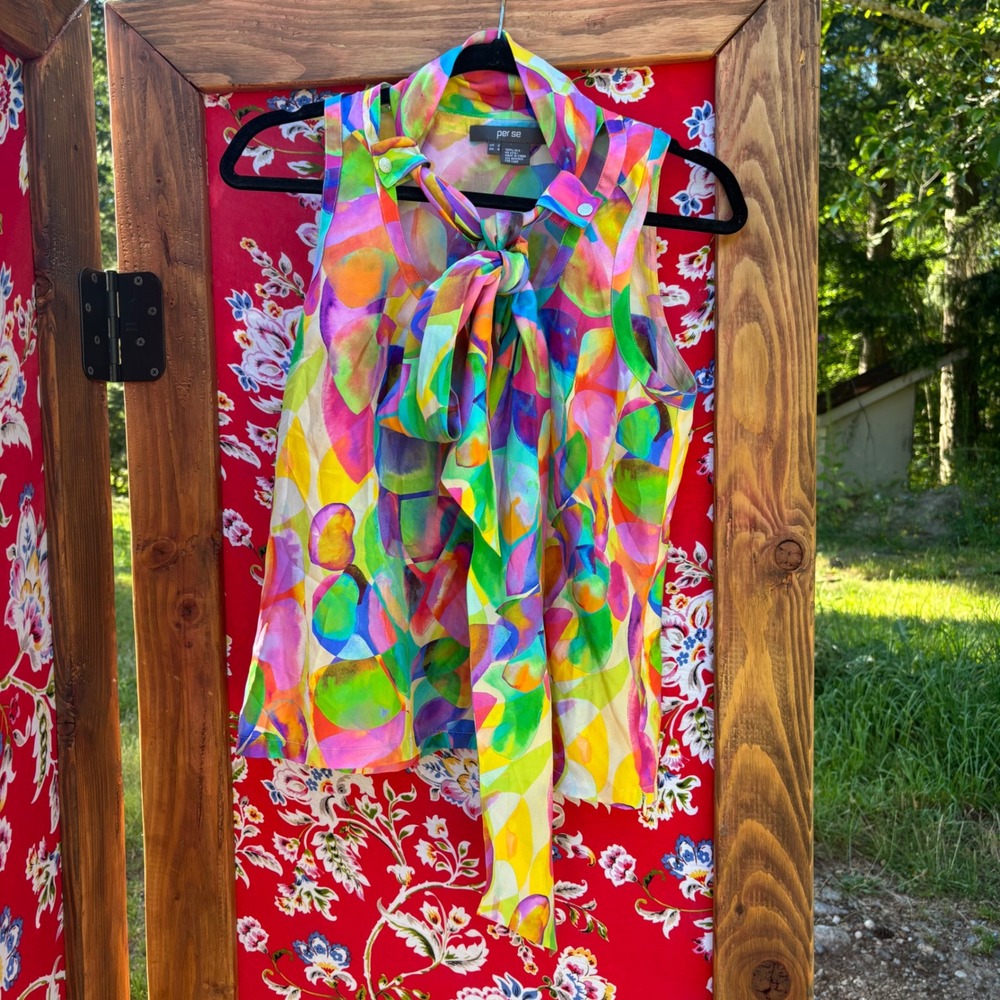 100% Silk Vibrant Multicolor Neck Tie Sleeveless Artsy Boho Chic Blouse Size S - Picture 13 of 13